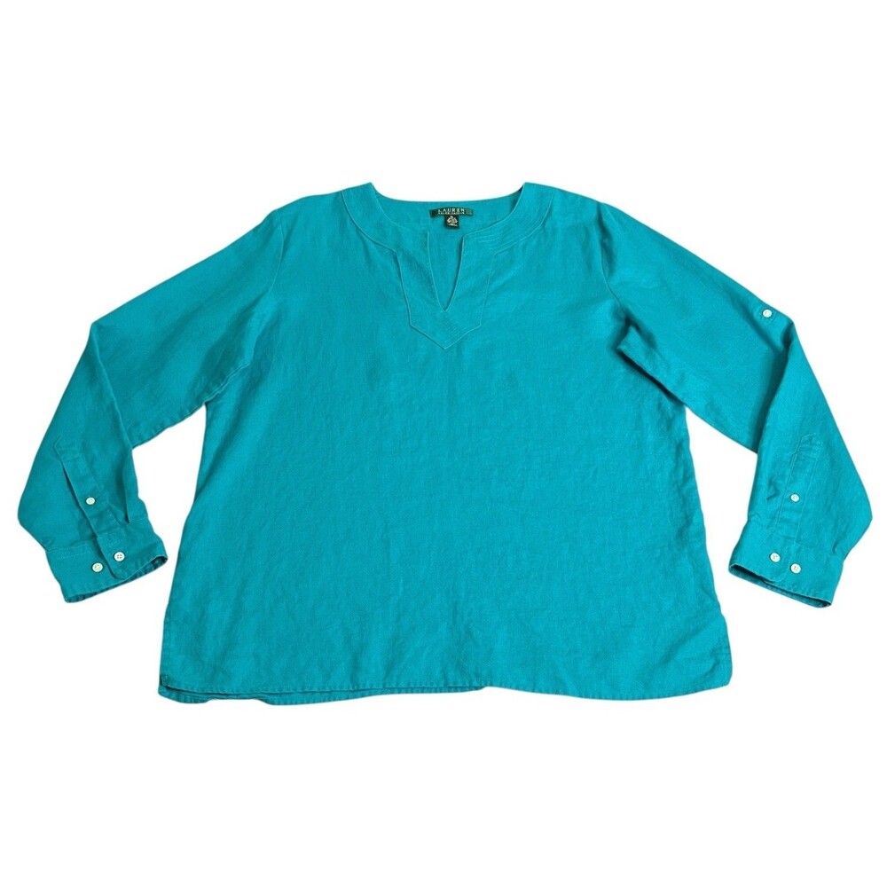 Ralph Lauren LRL Tunic Top Women XL Teal Linen Roll Tab Sleeve Coastal Boho Chic